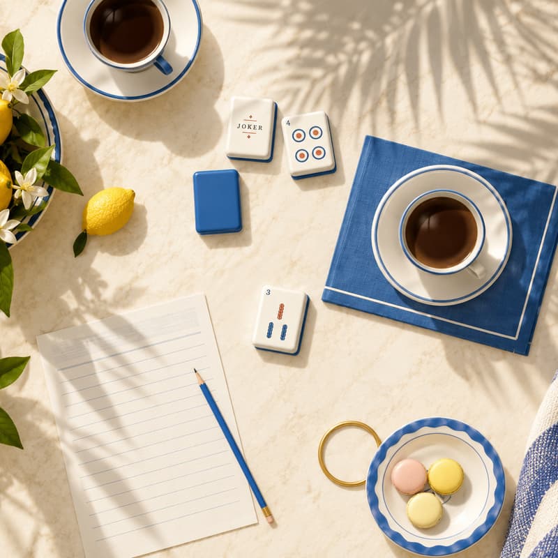 Coffee cups, a blue napkin, mahjong tiles, a scorecard, and lemons on a sunny table after a game