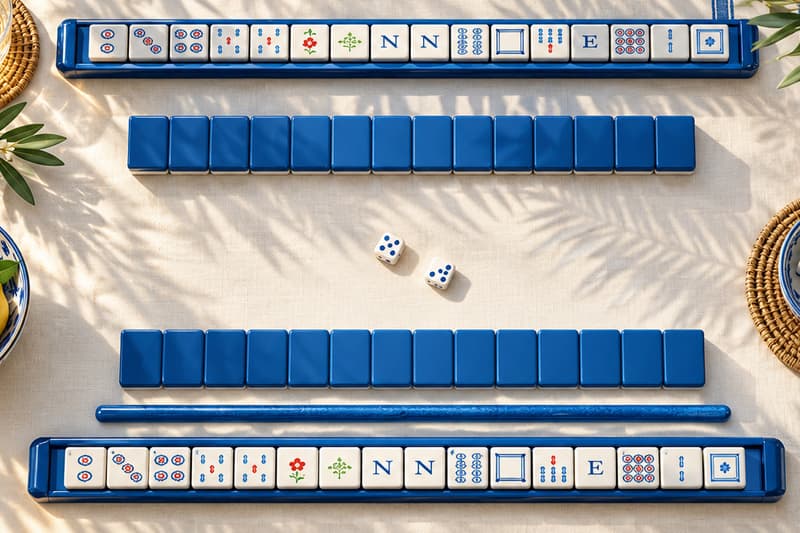 Blue racks and the wall of tiles set up for a game, with dice, lemons, and striped linen