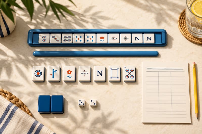 A blue rack of tiles, a pusher, dice, a scorecard, and a pencil on a sunny table