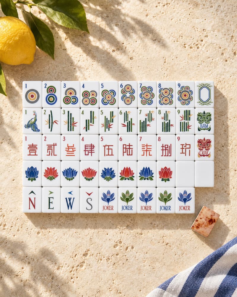 The Villa Set laid out in rows on a sunny stone table, with classic lotus and character faces